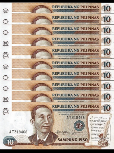 Philippines 10 Piso 1985 1994, AUNC / UNC, 10 PCS LOT, P-169a, Prefix AT