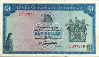 Rhodesia 1 Dollar 1 March 1976, VF, P-34a, With Small Tear
