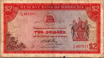 Rhodesia 2 Dollar 20 January 1975, VF, P-31i, Circulated, With Pen Mark