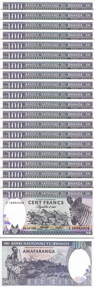 Rwanda 100 Francs 1989, UNC, 20 Pcs LOT, P-19, Prefix Z