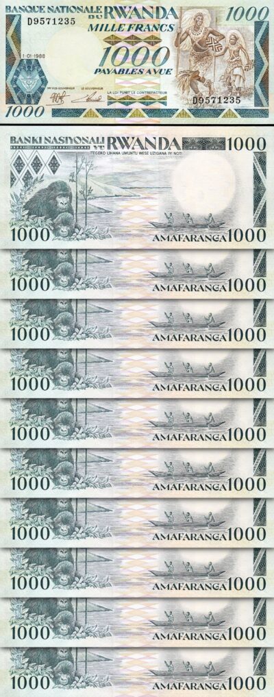 Rwanda 1000 Francs 1988, UNC, 10 Pcs LOT, P-21