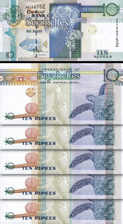Seychelles 10 Rupees 1998, UNC, 5 Pcs LOT, Consecutive, P-36a, First Sign
