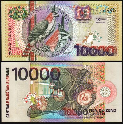 Surinam Suriname 10000 10,000 Gulden 2000, UNC, P-153, Birds