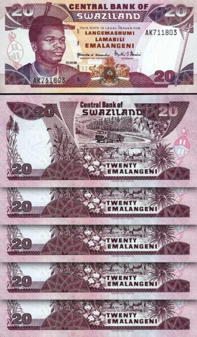 Swaziland 20 Emalangeni 1998 UNC, 5 Pcs LOT, P-25, Prefix AK