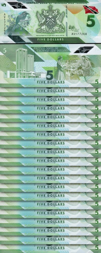 Trinidad Tobago 5 Dollars 2020 2021, UNC, 20 PCS LOT,Consecutive,P-61 New Design