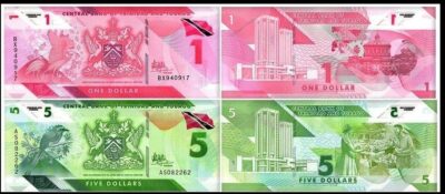 Trinidad and Tobago 2 Pcs Set, 1 5 Dollars 2020 2021 UNC, Polymer P-New