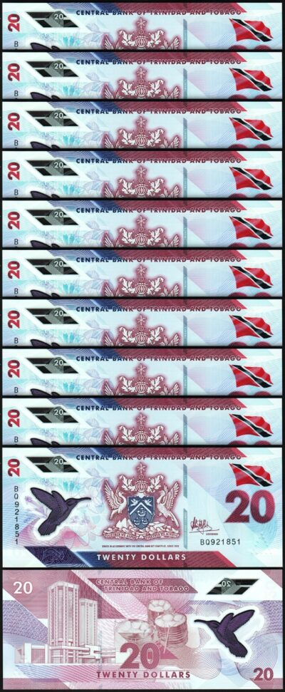 Trinidad and Tobago 20 Dollars 2020 (2021), UNC, 10 Pcs LOT Polymer,P-New Design
