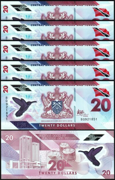 Trinidad and Tobago 20 Dollars 2020 (2021), UNC, 5 Pcs LOT, Polymer,P-New Design