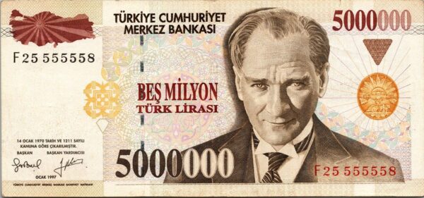 Turkey 5000000, 5 Million Lira 1970 - 1997, VF+, P-210 , Serial No : F25 555558