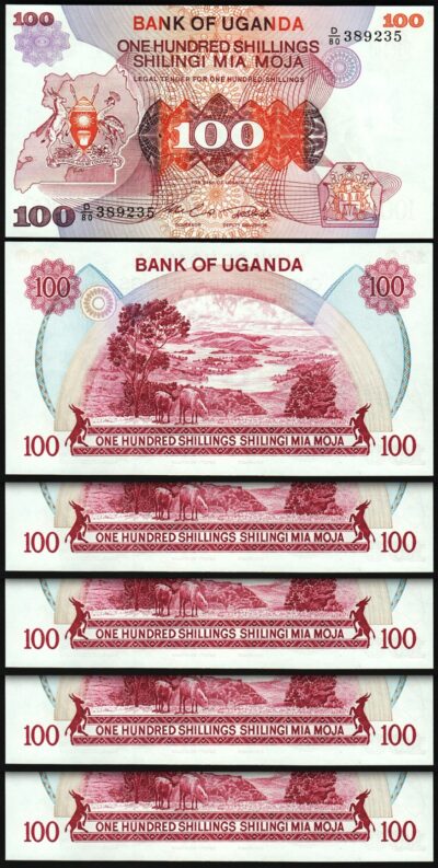 Uganda 100 Shillings 1982, UNC, 5 Pcs LOT, P-19b