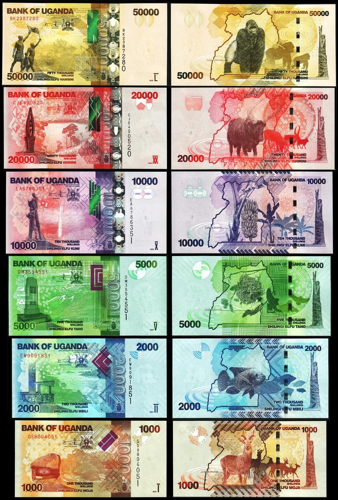 Uganda 6 Pcs UNC Set, 1000 2000 5000 10000 20000 50000 Shillings 2024 2025