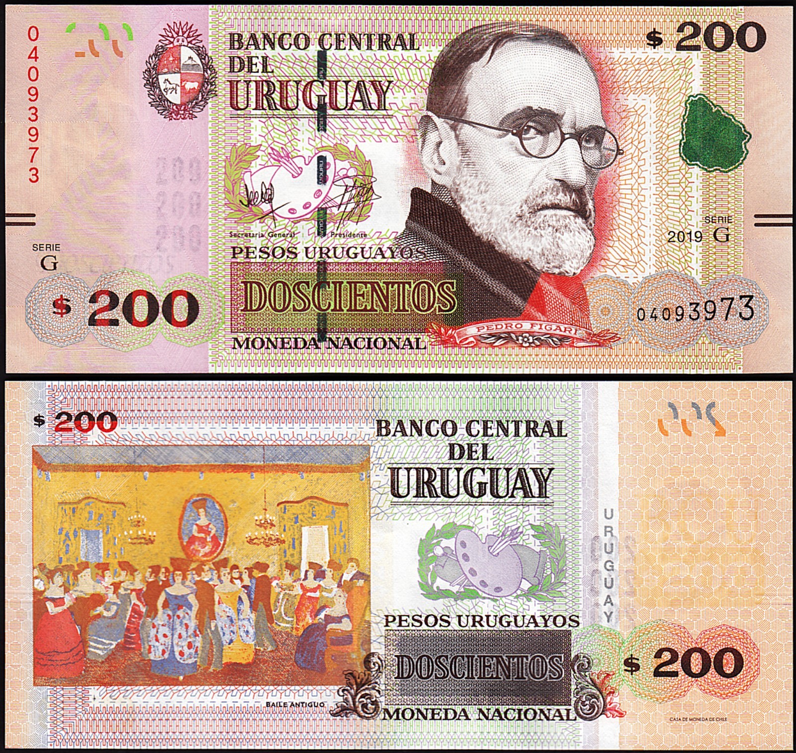 Uruguay 200 Pesos 2019, UNC, P-96b, Serie G