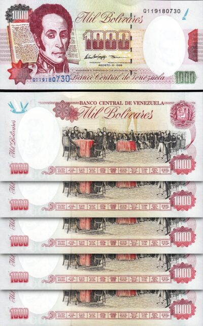 Venezuela, 1000 Bolivares, 6 August 1998, UNC, 5 Pcs LOT, Consecutive, P-76d