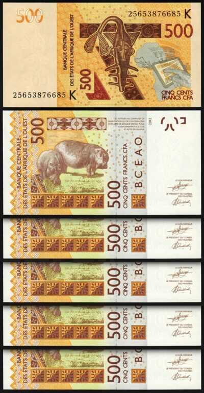 W.A.S, SENEGAL, 500 Francs 2012- 2025, UNC, 5 Pcs LOT, Consecutive, P-719Kn NEW