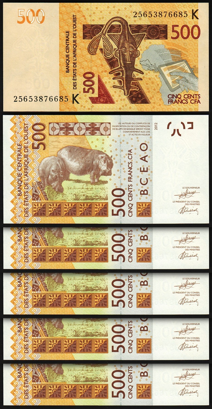 W.A.S, SENEGAL, 500 Francs 2012- 2025, UNC, 5 Pcs LOT, Consecutive, P-719Kn NEW