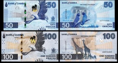 Zambia 2 Pcs SET,  50 100 Kwacha 2024 2025, UNC, P-64 65, New Design