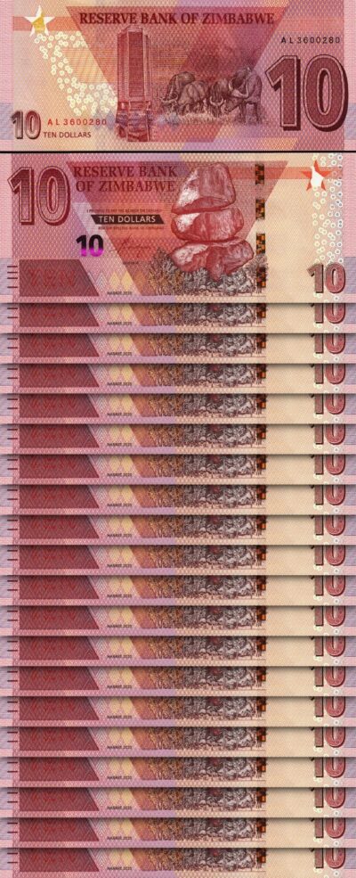 Zimbabwe 10 Dollars 2020 (2021), UNC, 20 Pcs LOT,  P-103
