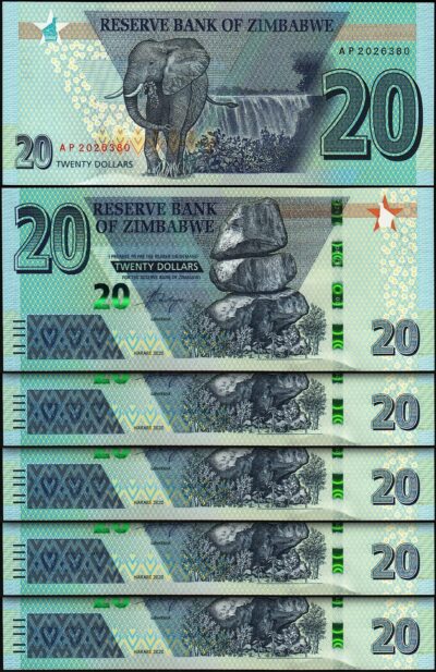 Zimbabwe 20 Dollars 2020 (2021), AU 8 Pcs LOT, P-NEW DESIGN