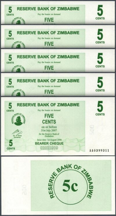 Zimbabwe 5 Cent 2006, UNC- 5 Pcs LOT, P-34, Bearer Cheque,Prefix AA