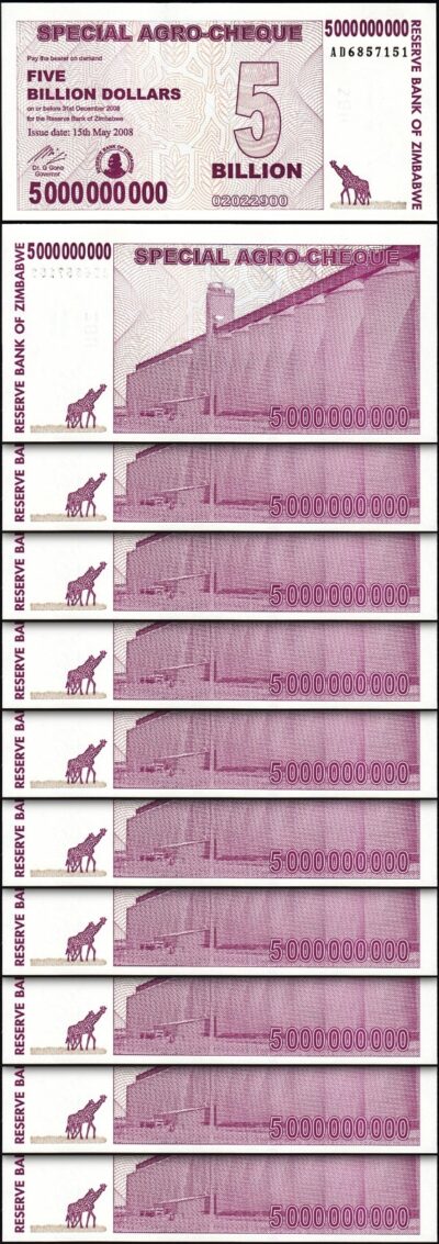 Zimbabwe 5,000,000,000 5 Billion Dollars 2008, UNC, 10 Pcs LOT, P-61,Agro Cheque