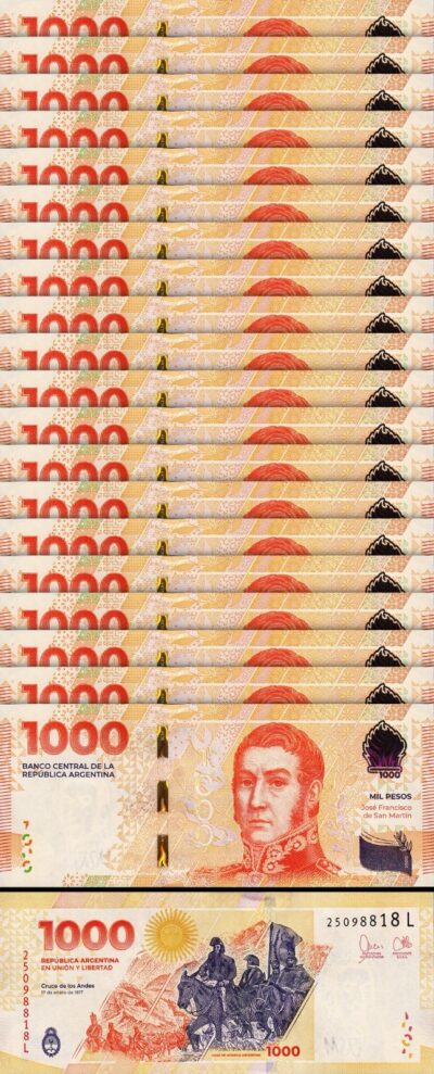 Argentina 1000 Pesos 2023 2024, UNC, 20 Pcs LOT, P-NEW, Suffix L