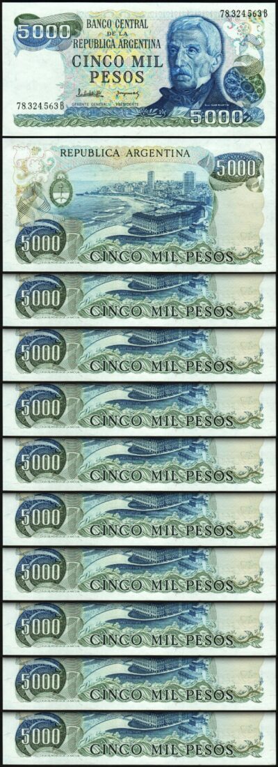Argentina 5000 5,000 Pesos, 1977 - 1983, UNC, 10 Pcs LOT, Consecutive, P-305b(2)