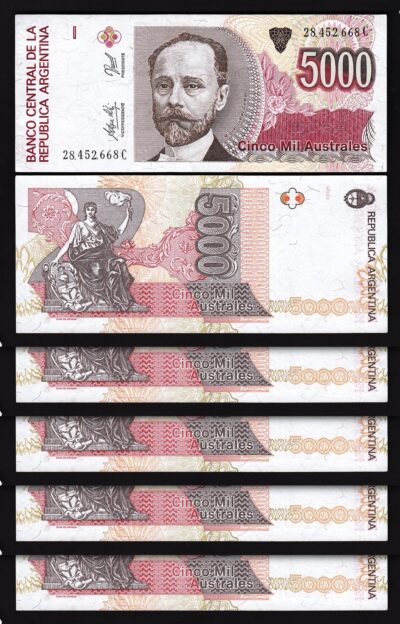 Argentina 5000 Australes 1989 -1991, UNC, 5 Pcs LOT, Consecutive, P-330e, Sufx C