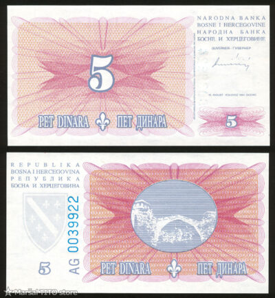 BOSNIA HERZEGOVINA 5 DINARA 1994 , UNC- P-40