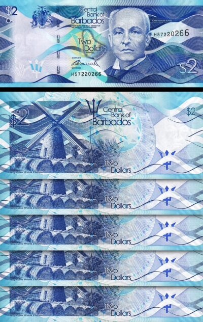 Barbados 2 Dollars, 2013, UNC, 5 Pcs LOT, P-73a