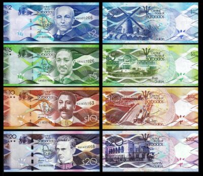 Barbados 4 PCS SET, 2 5 10 20 Dollars 2013 2018, UNC, P 73 74 75 76