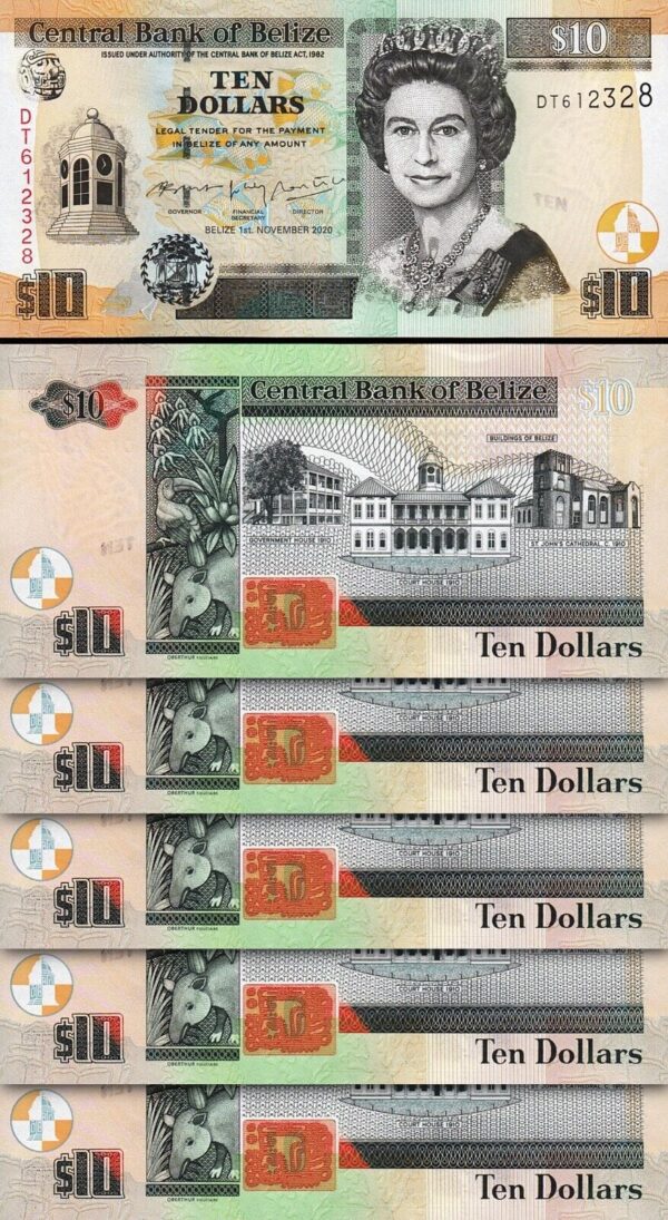 Belize 10 Dollars 2020, UNC, 5 Pcs Consecutive LOT, P-68e, QEII