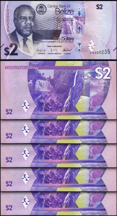 Belize 2 Dollars 2025, UNC, 5 Pcs Consecutive LOT, P-73,  New Design