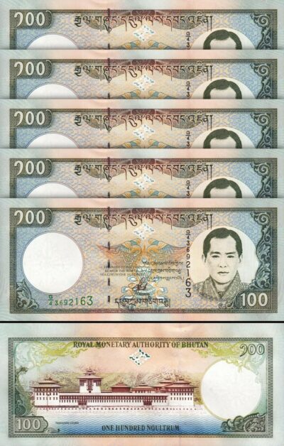 Bhutan 100 Ngultrum 2000, UNC, 5 Pcs LOT, P-25