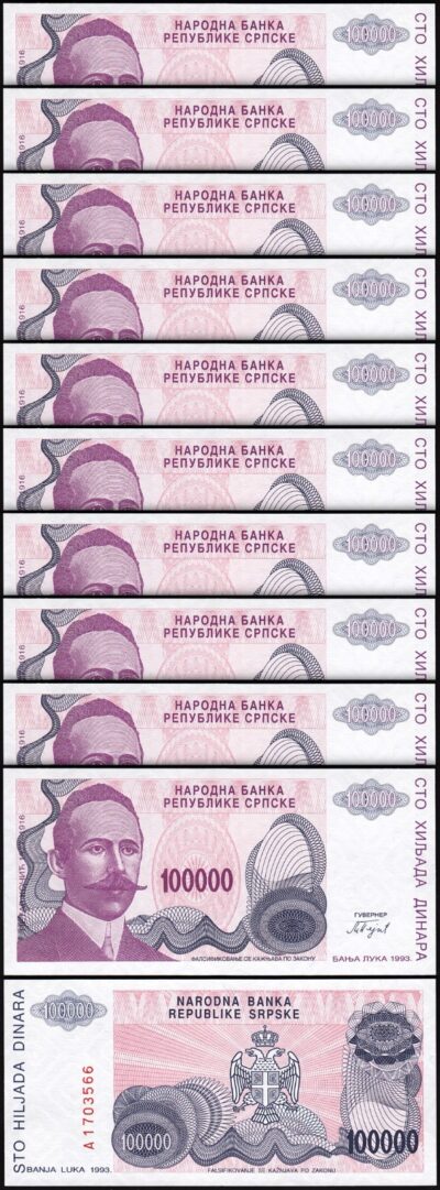 Bosnia Herzegovina 100000 100,000 Dinara 1993, UNC, 10 Pcs LOT,Consecutive,P-154