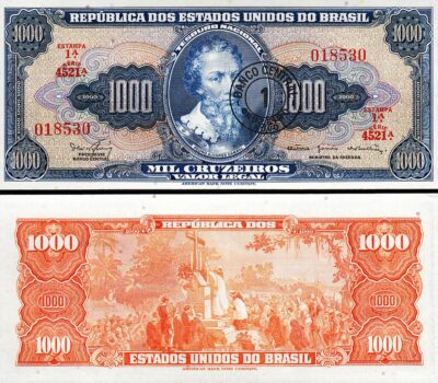 Brazil 1 cruzeiro on 1000 cruzeiros 1966-1967, Au / UNC, P-187b, Sign 15