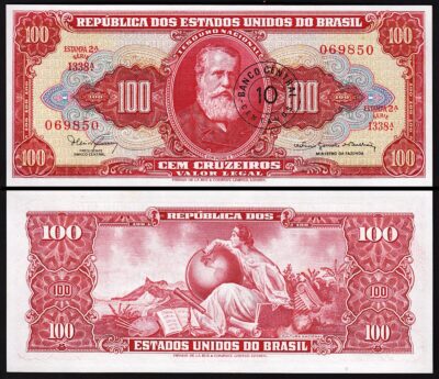 Brazil 10 Centavos on 100 Cruzeiros 1966 1967, AU, P-185b