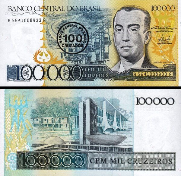 Brazil 10 Cruzados On 10000 Cruzeiros 1986 Banknote – Uncirculated P-206 Sign 23