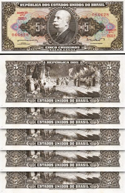 Brazil 5 Cruzeiros 1962, UNC, 5 Pcs LOT, P-176a, Sign 11