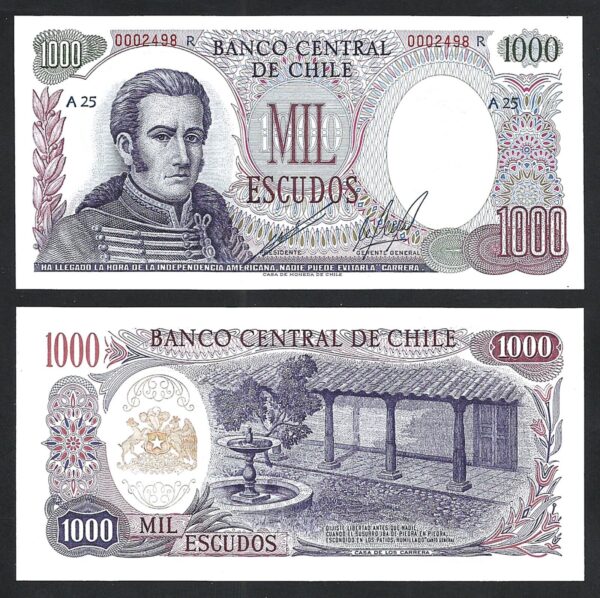 Chile 1000 Pesos 1967 1976, REPLACEMENT R 0002498, UNC, P-146, Seria A25, RARE!!