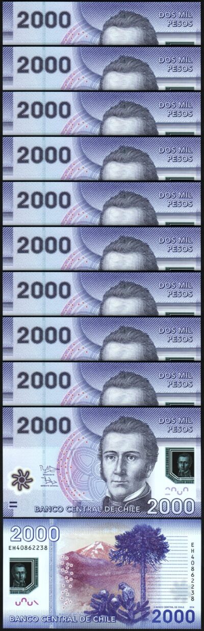 Chile 2000 Pesos 2014, UNC, 10 Pcs LOT, POLYMER, P-162d