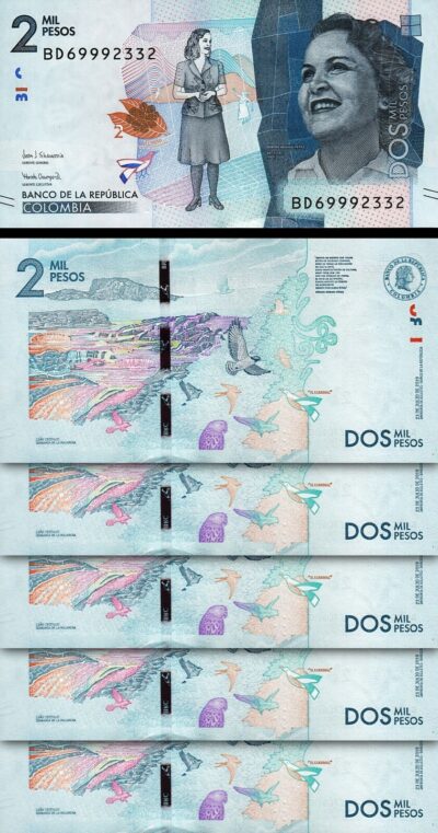 Colombia 2000 Pesos 2019, UNC, 5 PCS LOT, P-458e