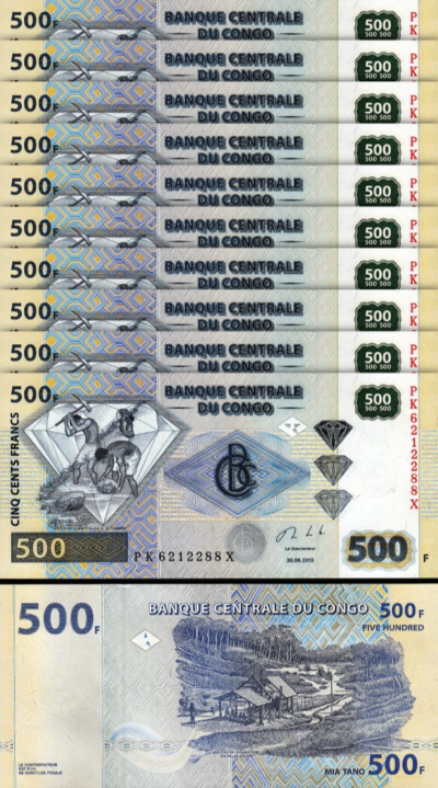 Congo 500 Francs 2013, UNC, 10 Pcs LOT, Consecutive, P-96d
