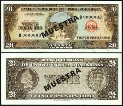 Dominican Rep. 20 Pesos Oro 1964 1974,UNC, SPECIMEN (MUESTRA), P-102s2, B000000B