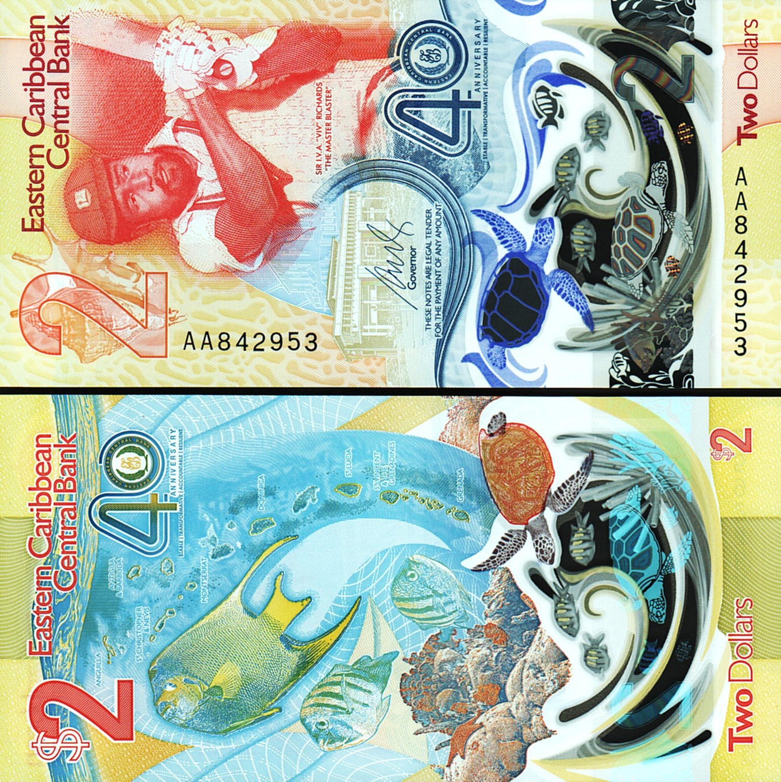 East Caribbean 2 Dollars 2023/2024, UNC, 5 Pcs LOT, AA POLYMER Comm.P-New Design - Image 5