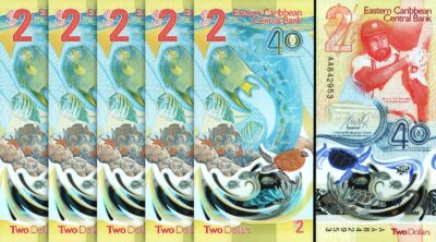 East Caribbean 2 Dollars 2023/2024, UNC, 5 Pcs LOT, AA POLYMER Comm.P-New Design