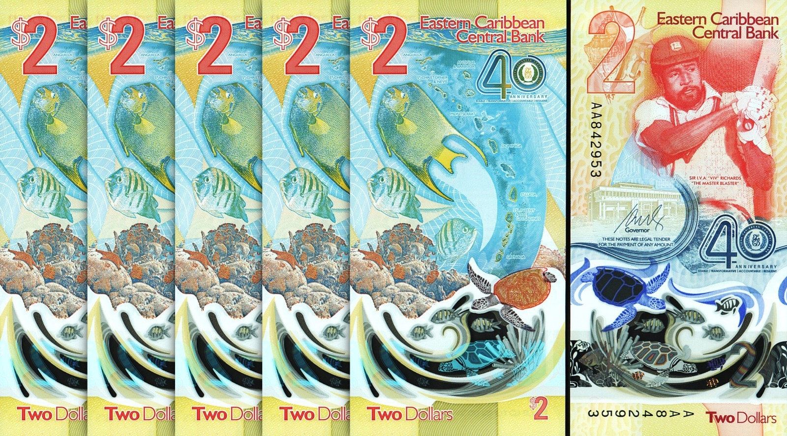 East Caribbean 2 Dollars 2023/2024, UNC, 5 Pcs LOT, AA POLYMER Comm.P-New Design