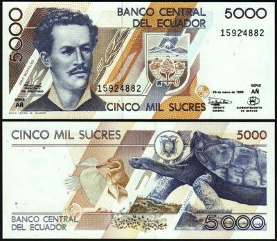 Ecuador 5000 Sucres 26/3/ 1999, UNC, P-128c, Prefix AN