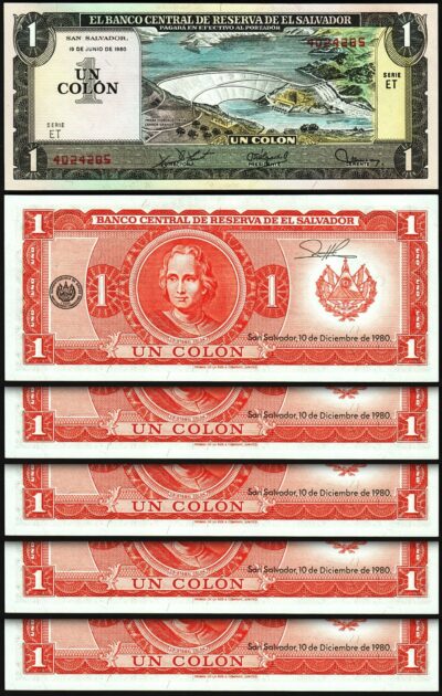 El Salvador 1 Colon 1980, UNC, 5 Pcs LOT, Consecutive, P-125b