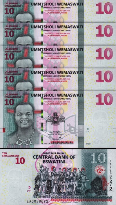 Eswatini (Swaziland) 10 Emalangeni 2024, UNC, 5 Pcs LOT, Consecutive, P-NEW