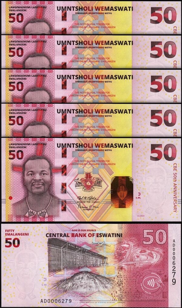 Eswatini (Swaziland) 50 Em 2024, UNC, 5 Pcs LOT, Comm. 50'th Ann. 000****, P-NEW